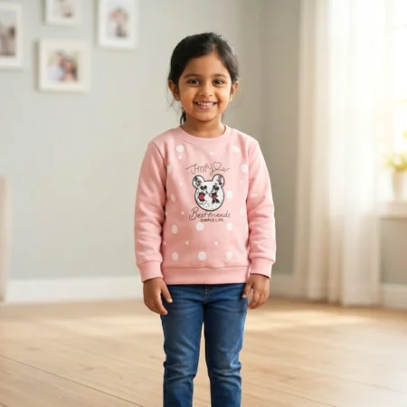 Winter Sweatshirt with Cute Cartoon Print & Polka Dots | Soft Warm Full Sleeve Pullover for Boys & Girls