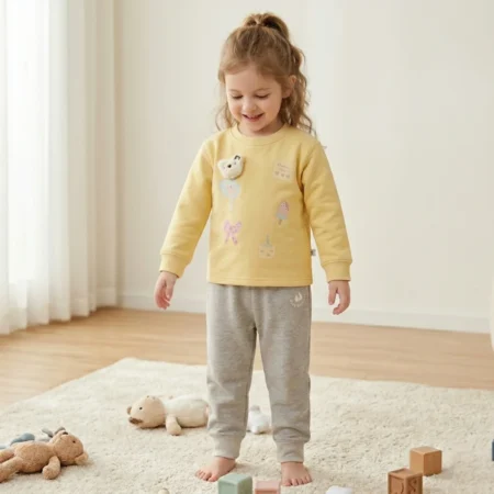 Girls Winter 2-Piece Clothing Set – Full Sleeve Sweatshirt & Joggers Set with Cute Applique Design