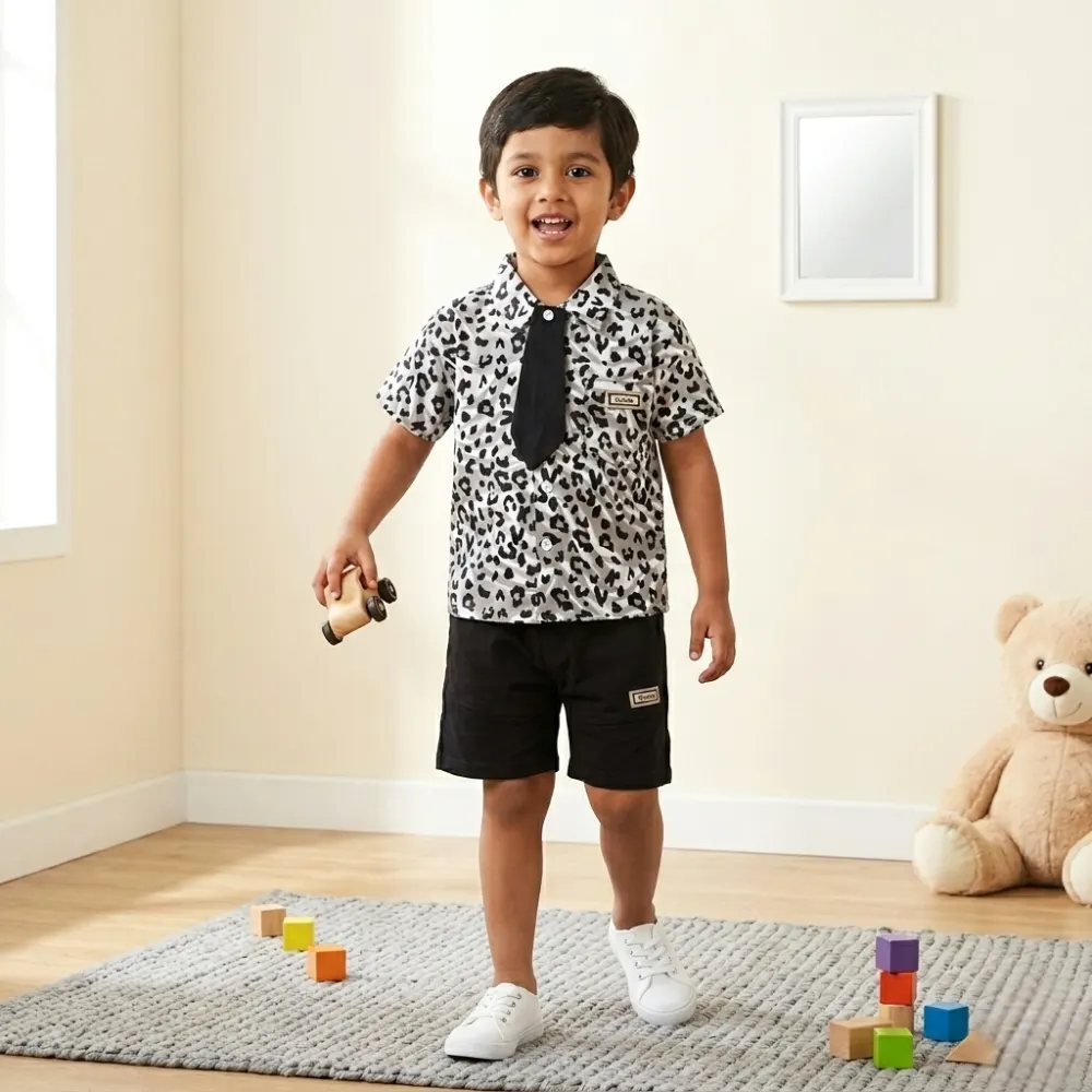 Boys Leopard Print Outfit Set – Shirt Shorts with Tie Kids