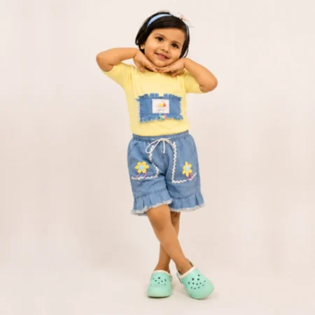 Girls Denim Shorts Set – Ribbed Summer T-Shirt & Ruffle Shorts